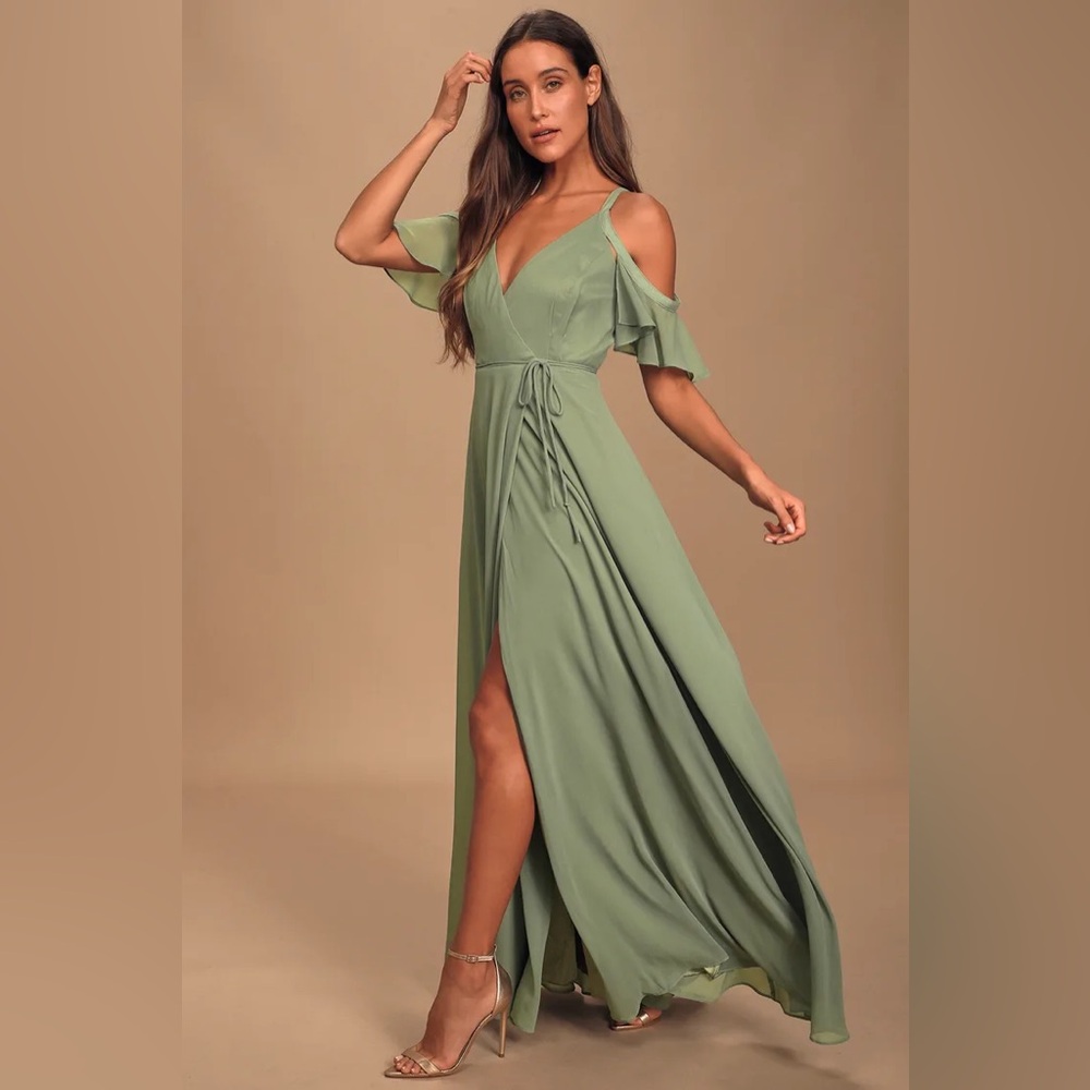 Lulus Easy Listening Cold Shoulder Maxi Dress In Sage Brush